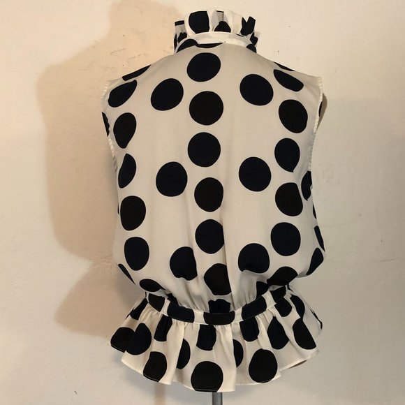 WHITE & BLUE POLKA DOT RUFFLE NECK SLEEVELESS SHIRT - ALICE RITTER BROOKLYN - Picture 5 of 7